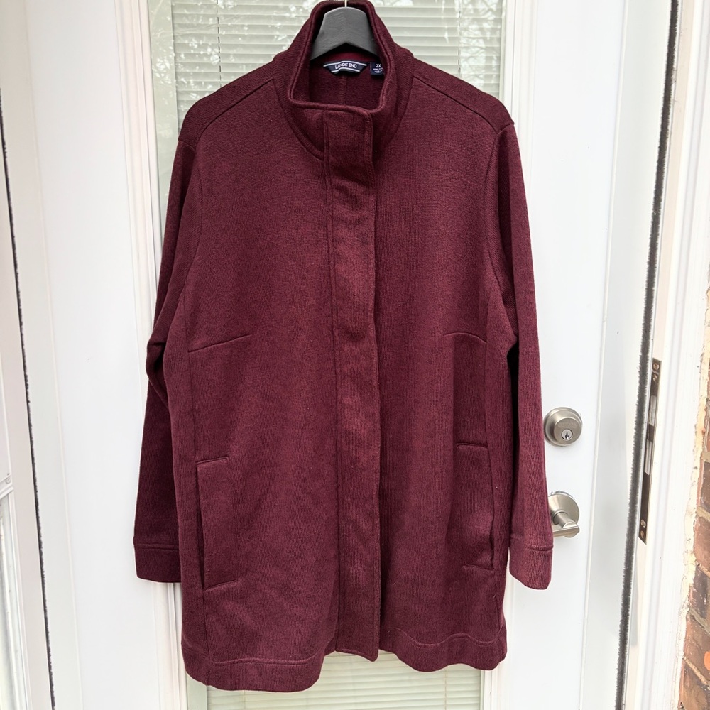 Lands End Jacket Womens 2X Longline Sweater Fleece Burgundy Heather Zip Up
